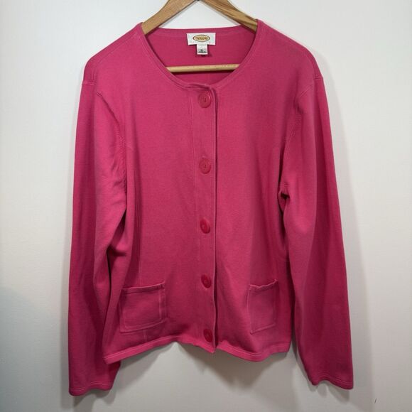 Vintage Talbots Cotton Sweater XL Womens Pink Cardigan Button Up Pockets Stretch - Picture 1 of 11
